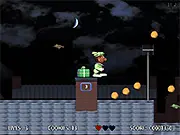 Zwarte Piet Platformer free online game screenshot, character jumping over rooftops to deliver gifts