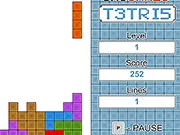 Screenshot of the T3tri5 Classic Tetris game in action, showing falling colored blocks and a nearly full game grid on PlayArcadeHub
