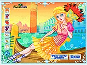 Fashion dress up game screenshot for Trip to Venice featuring a character model posing in stylish clothes against a Venice canal backdrop