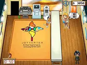 Free online store management game: Joyverter Store, showing a colorful video game shop near the beach with eccentric characters.