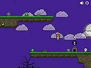 Silly Ghosts free online game screen showing a flying skeleton cab driver carrying a ghost passenger through a stormy, labyrinth-style level.