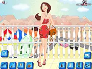 Balcony Girl Dress Up online game screenshot showing a girl wearing a long, elegant dress on a scenic balcony overlooking water