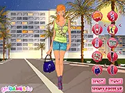 Screenshot of Vacation Look Dressup online game featuring a girl named Gina modeling a fashionable evening outfit for a date in an exotic location