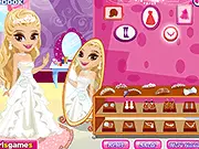 Screenshot of Seaside Wedding Dress Up game showing a bride trying on a flowing white wedding gown near the ocean, Free online bridal fashion game