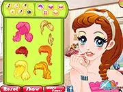 Screenshot of Holiday Makeup & Dress Up game showing a young lady with glamorous festive makeup and a holiday dress, Free online Christmas party makeover game