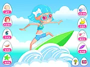 Animated surfing girl character wearing stylish, flexible sportswear for hitting the waves in the free online dress-up game