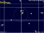 Screenshot of the Vel.Shock game showing a small player ship in the center deflecting a cluster of red guided missiles towards surrounding enemy turrets.