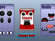 A cartoon illustration of a bowl of tomato soup with eyes and a smiling face, wearing a tiny, funny accessory in the cute dress-up game