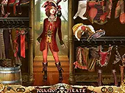 Polkadot Pirate online dress up game screenshot showing a female pirate character with an eye patch, feathered hat, and stylish polka dot clothing