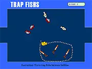 Several colorful fish characters swimming across a grid being strategically surrounded by circular, clear bubbles in the Trap Fish online puzzle game