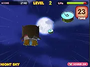 The Canimals Night Sky free online game showing Pow the owl flying under a starry sky while collecting bright yellow cans and dodging dark bats.