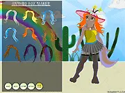 Screenshot of Anthro Fox Maker game showing an anthropomorphic fox character with various customization options like fur color, clothing, and accessories. Create your own anthro fox online.