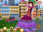 Screenshot of Venezia's Carnival dress-up game showing a customizable character wearing a detailed Venetian mask and an elaborate gown