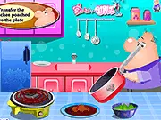 Screenshot from Peaches Poached in Wine cooking game showing peaches simmering in a red wine syrup, Free online food preparation game