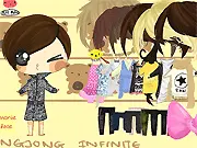 Screenshot of the Sungjong Infinite Dress Up game showing a character model of the K-pop idol with various clothing and hairstyle options. Style Sungjong online for free.