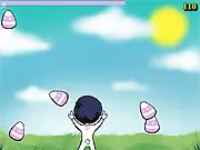 A character successfully catching a falling easter egg and a glowing star in the Extreme Easter Catch free online game.