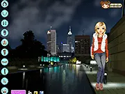 Night Time Walk online dress up game screenshot showing a girl wearing a stylish, versatile outfit for an evening walk along a river