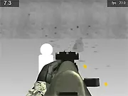 AK47 Target Practice online game screenshot, first-person view of an AK47 aiming at a bullseye target, free shooting game on PlayArcadeHub