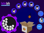 Factory Balls online game screenshot, a plain white ball and various tools like paint buckets and boxes on a factory floor, free logic puzzle game