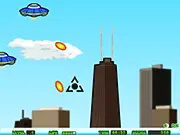 Skyscraper Defense game screenshot showing a turret on a building shooting at UFOs over a city skyline
