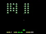 The Classic Galaxy Defender free online game screen showing a small spaceship at the bottom shooting lasers at formations of pixelated alien enemy ships.