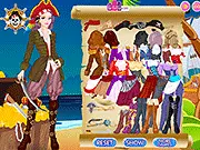 Pirate Queen Dress Up game featuring a female pirate with a sword and tricorn hat