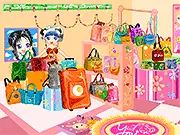 Screenshot of Bag Shop Decoration game showing a player arranging handbags on a shelf