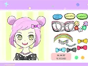 Let's Cute Dress Up game showing a girl character with pigtails wearing a pastel pink and blue outfit with cute accessories