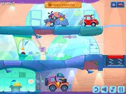 Screenshot from Wheely 7: Detective game showing the red car, Wheely, wearing a detective hat in a city scene with point-and-click puzzles