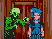 Retro-style action game screen for REBIDENT EBIL with a pixelated character (Jill) in a spooky mansion hallway being chased by a bad zombie
