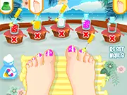 Screenshot of the Beach Nail Polish game showing a hand with beautifully decorated nails with beach-themed decals, selection screen with various nail polish colors and glitter