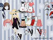 Gameplay screenshot of Chibi Cute Dress Up showing a small, adorable anime girl character with big eyes, surrounded by icons for different clothes and fashion accessories.