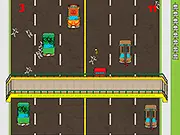 Screenshot of Fearless Pedestrian game showing a character about to cross a busy road with multiple lanes of fast cars, a game over screen after a crash