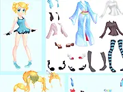 The Powerpuff Girl Bubbles with her blonde pigtails in a sky-blue dress from the Rolling Bubbles dress-up game
