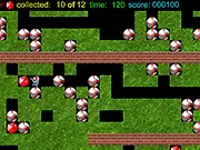The pixelated game screen of Diamond Mines, showing a cartoon miner character standing next to glittering diamonds, surrounded by loose earth and dangerous, heavy boulders.