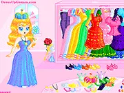 Screenshot of the Glitter Princess Dressup game showing a princess model wearing a sparkling gown and crown, close-up of the wardrobe menu with various glittering dresses and accessories