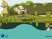 Screenshot of the Shooting Salmon game showing a fisherman aiming a hook at a fast-swimming salmon in a blue stream, close-up of the arcade fishing action