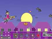Screenshot of the Witch Girl Rikitty free online action game showing the witch character firing a spell at a ghost or monster in a dark, spooky environment.
