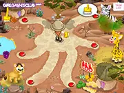 Kids Zoo Kalahari game screenshot showing a friendly lion and a giraffe in their zoo enclosure being cared for by a child's avatar