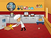 Screenshot of The Busy Cook free online game showing a chef juggling food serving and swatting away a small animal in a chaotic kitchen.