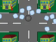 Screenshot of the 2 Cool 4 Schools free online puzzle game showing a player pushing an ice block towards an overheated school building on a grid.