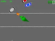 A massive monster truck driving through a highway and shooting a gun to clear congested car traffic in the free online game Monster Traffic Shooter