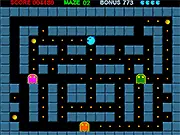 Paccy Sam Classic free online arcade maze game screenshot – Paccy Sam eating yellow pills while ghosts chase him