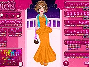 Screenshot from the Design your Prom Look! game showing a model trying on a long, elegant dress with various options for hairstyles and jewelry displayed nearby.