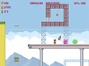 Free online platforming game Tiny Blockman showing the block character jumping over enemies in a retro-style level