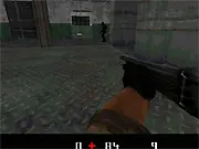 Screenshot of Special Trooper Forces, showing a first-person view down a futuristic 3D corridor with a weapon ready.