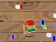 BDOLD: Base Defense Online game screenshot showing a hand throwing a wooden barrel at several incoming red missiles near a fortified base