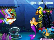Beautiful mermaid being styled in the free online game Mermaid Water World Dressup, surrounded by bubbles and her seahorse assistant