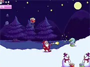 Xmas Meltdown free online shooting game screen, showing Santa fighting back after aliens have attacked.