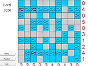 Battleship Solitaire free online logic game screenshot - solving the grid puzzle using radar numbers to locate hidden ships